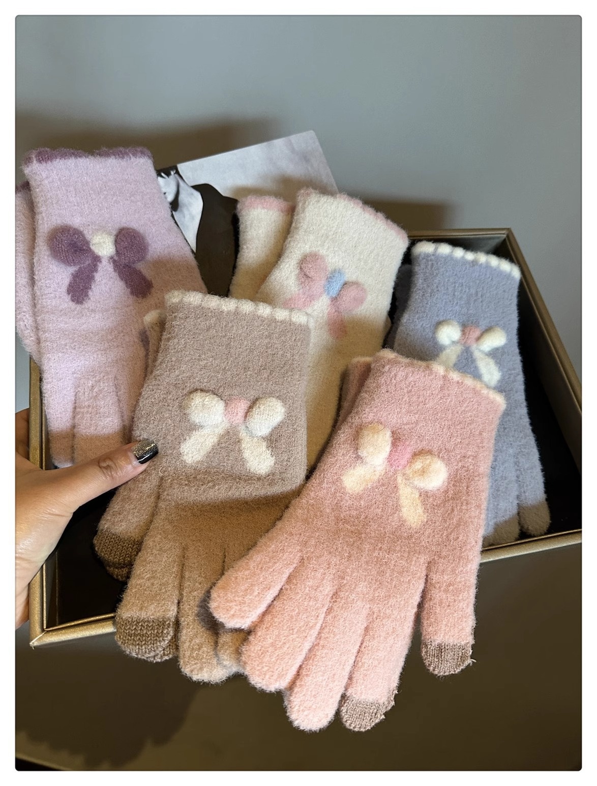 001 Frostschutz-Handschuhe für Damen, Winter, Fleece-gefüttert, warm, Touchscreen-fähig, fingerlos, Fahrradhandschuhe, gestrickt, Schleife, Plüsch, Seeblau_voghion.com