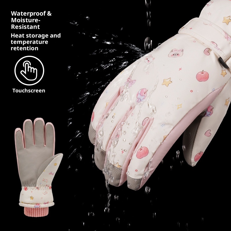 ActiveGo Cute Cat Ski Gloves For Women Winter Split Finger Outdoor Riding Windproof Waterproof Coldproof Fleece Lined Thickened_voghion.com