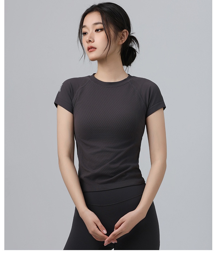 001 Maglietta sportiva da donna, attillata, dimagrante, a maniche corte, con scollo rotondo, traspirante, per corsa e pilates_voghion.com