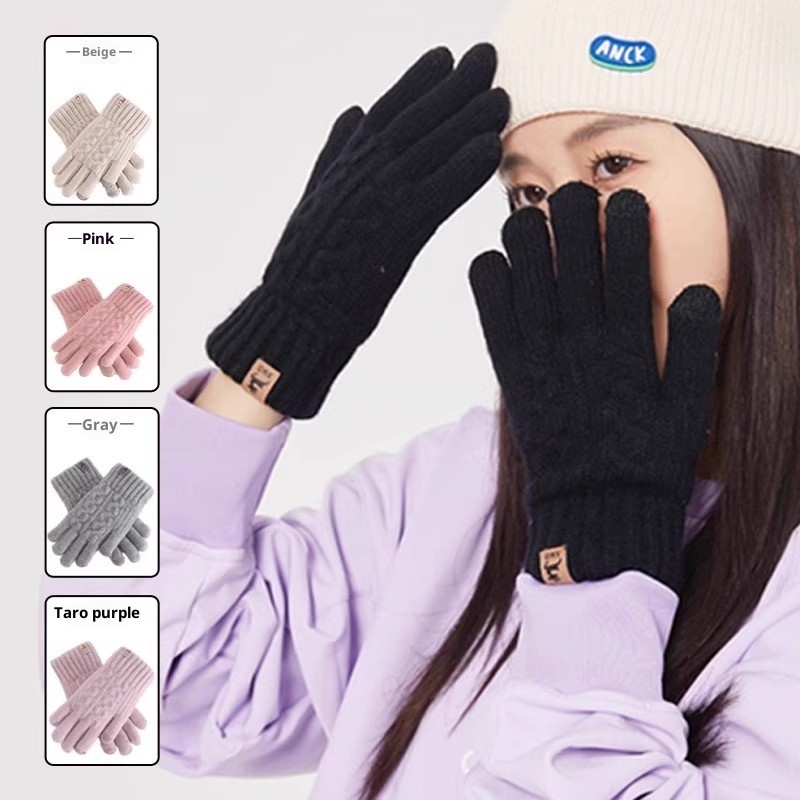 001 Solid Color Winter Outdoor Sports Skiing Cycling Knitted Wool Cold-Proof Warm Fingered Gloves_voghion.com