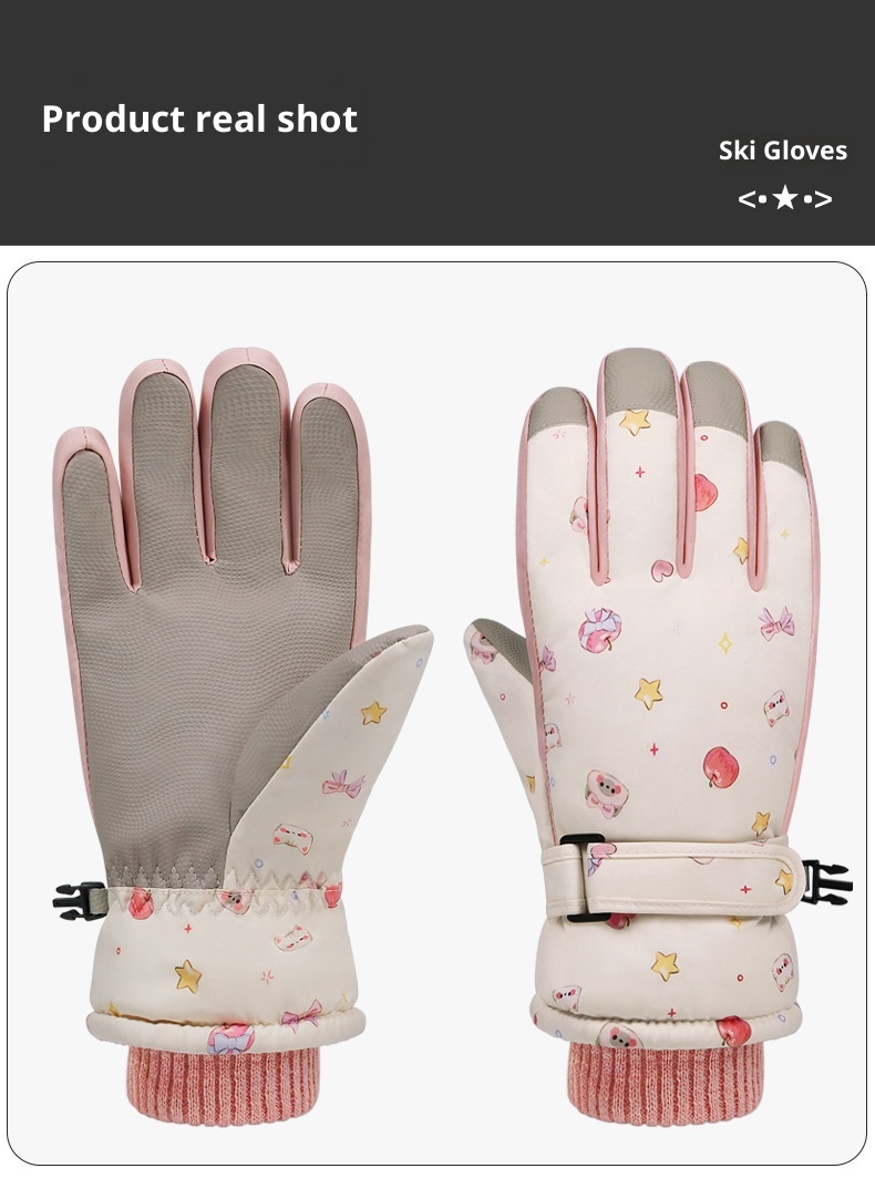 ActiveGo Cute Cat Ski Gloves For Women Winter Split Finger Outdoor Riding Windproof Waterproof Coldproof Fleece Lined Thickened_voghion.com