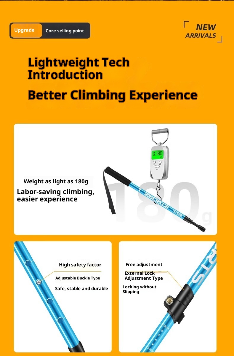 001 Aluminum Alloy Three-Section Straight Handle Trekking Pole Telescopic Walking Stick Professional Outdoor Hiking Cane_voghion.com