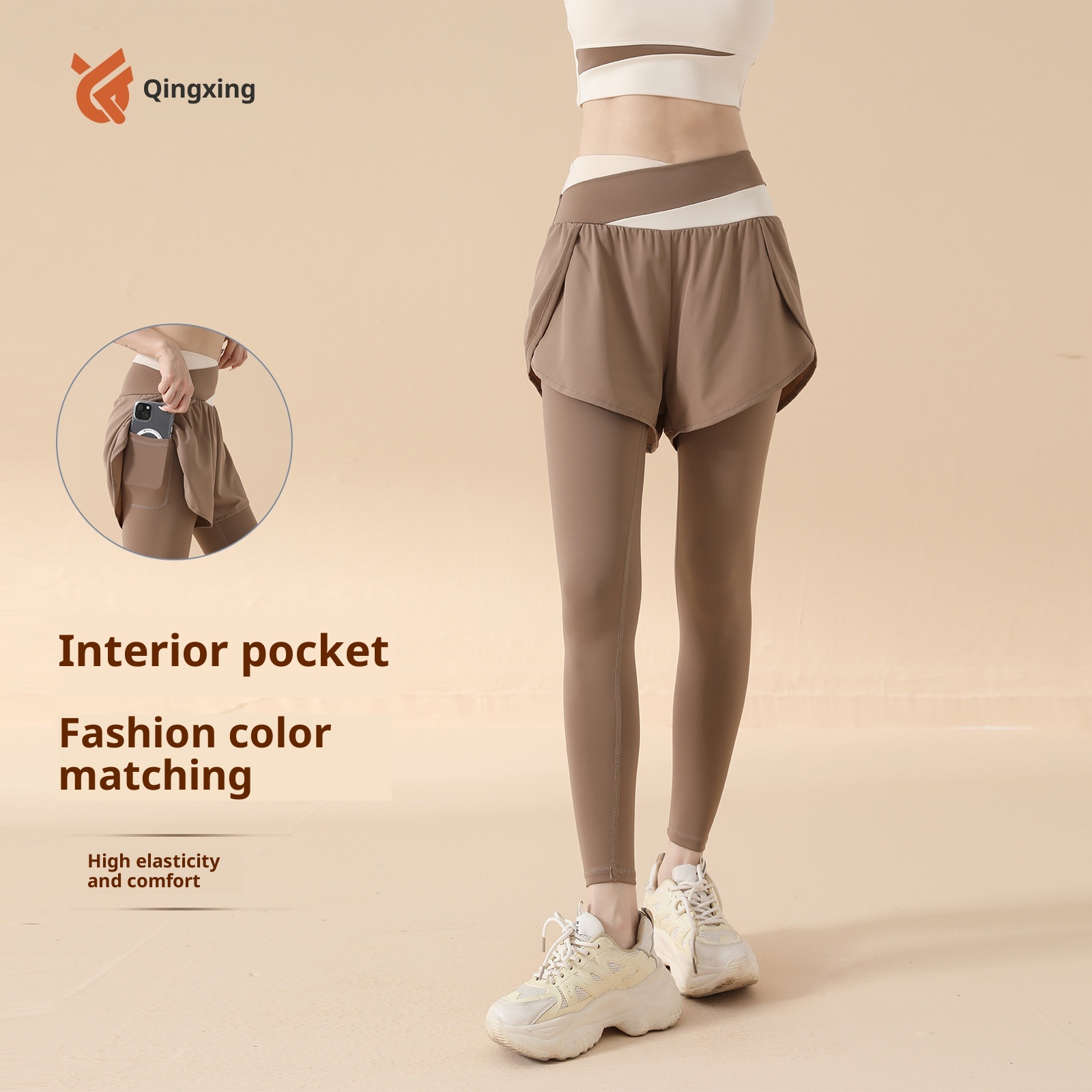 001 Two-Piece Pocket Pants For Outdoor Wear, Elastic High Waist, Hip-Lifting, Running, Fitness, Sports Tight Pants,_voghion.com