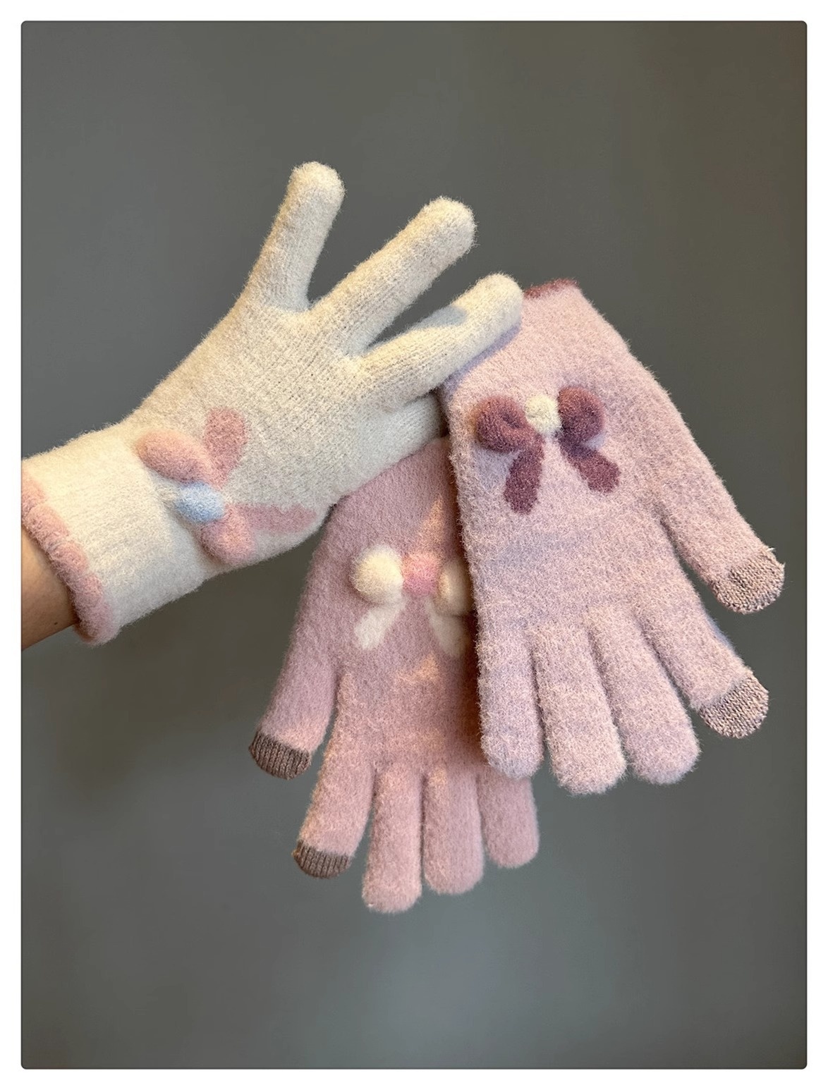 001 Frostschutz-Handschuhe für Damen, Winter, Fleece-gefüttert, warm, Touchscreen-fähig, fingerlos, Fahrradhandschuhe, gestrickt, Schleife, Plüsch, Seeblau_voghion.com