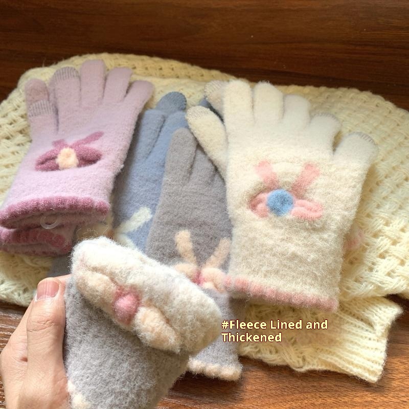 001 Frostschutz-Handschuhe für Damen, Winter, Fleece-gefüttert, warm, Touchscreen-fähig, fingerlos, Fahrradhandschuhe, gestrickt, Schleife, Plüsch, Seeblau_voghion.com