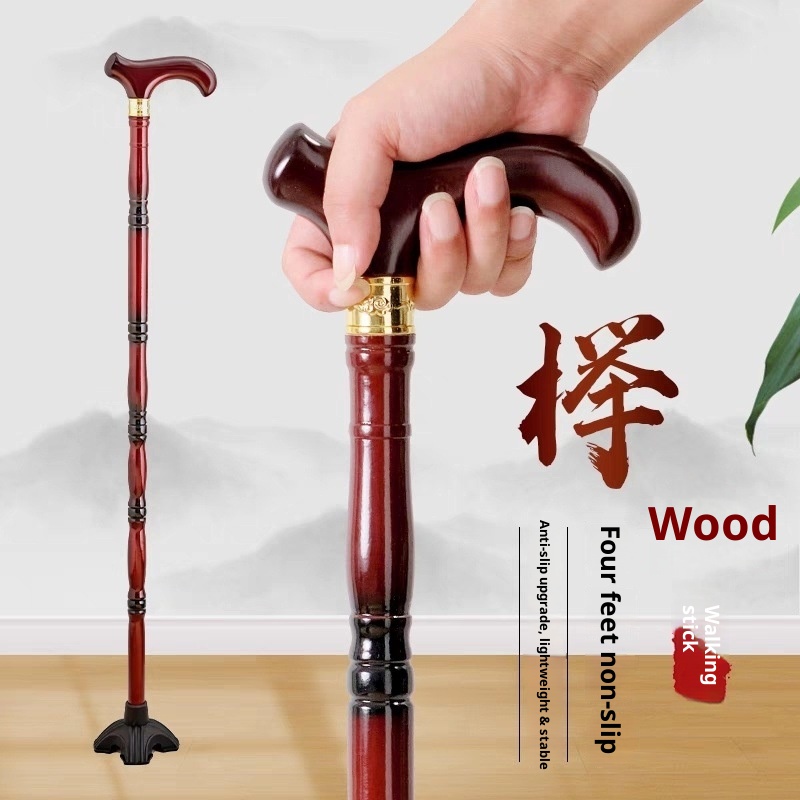 001 Bastone da passeggio in legno massello antiscivolo per anziani con impugnatura a forma di testa di drago, leggero, a quattro zampe, anticaduta_voghion.com