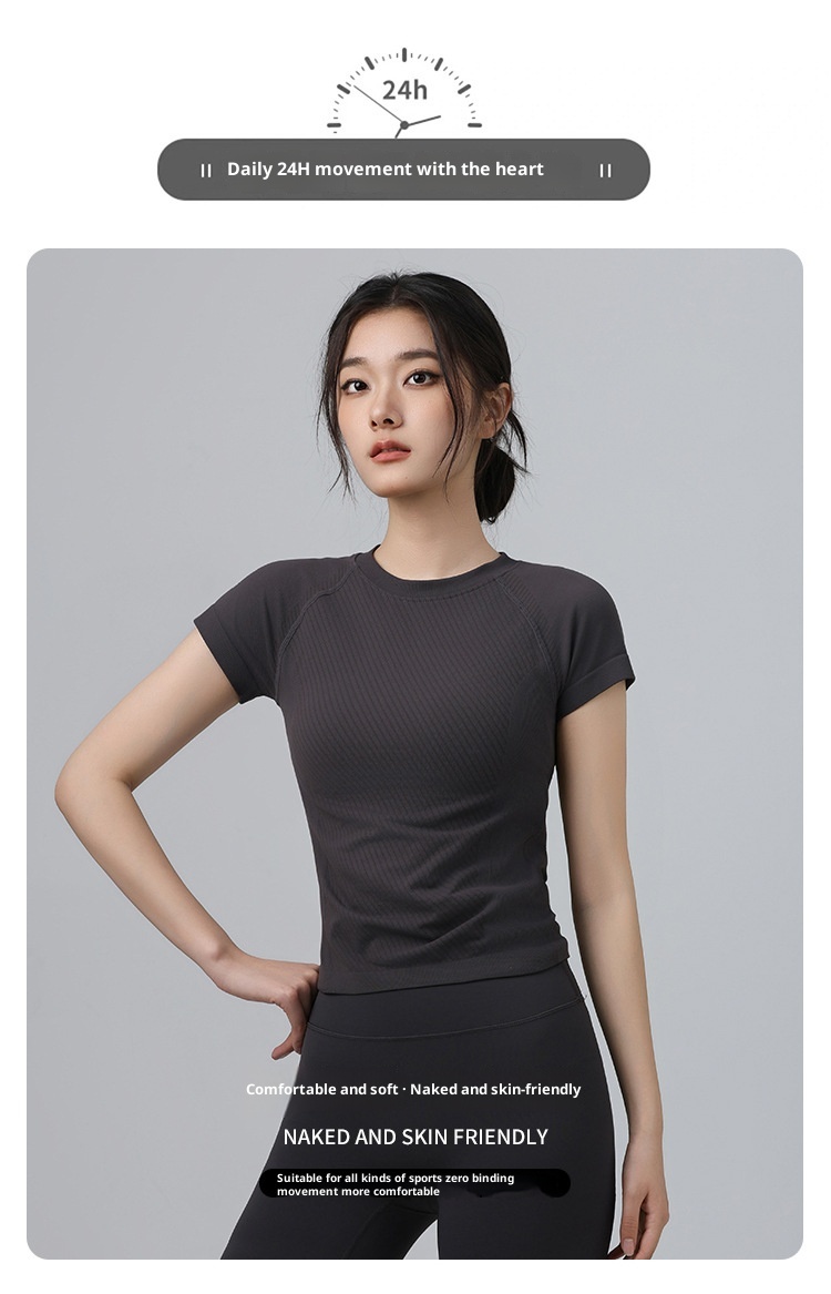 001 Maglietta sportiva da donna, attillata, dimagrante, a maniche corte, con scollo rotondo, traspirante, per corsa e pilates_voghion.com