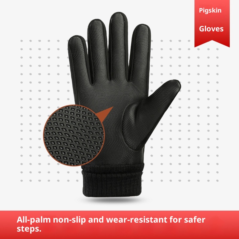 001 Pigskin Genuine Leather Ski Gloves For Men, Autumn And Winter Outdoor Riding Motorcycle Windproof Non-slip Fleece-lined_voghion.com