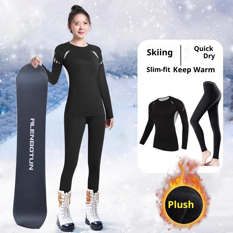 001 Quick-Dry Women's Ski Thermal Underwear Winter Fleece Outdoor Hiking Base Layer Long Sleeve Running Sports Set_voghion.com