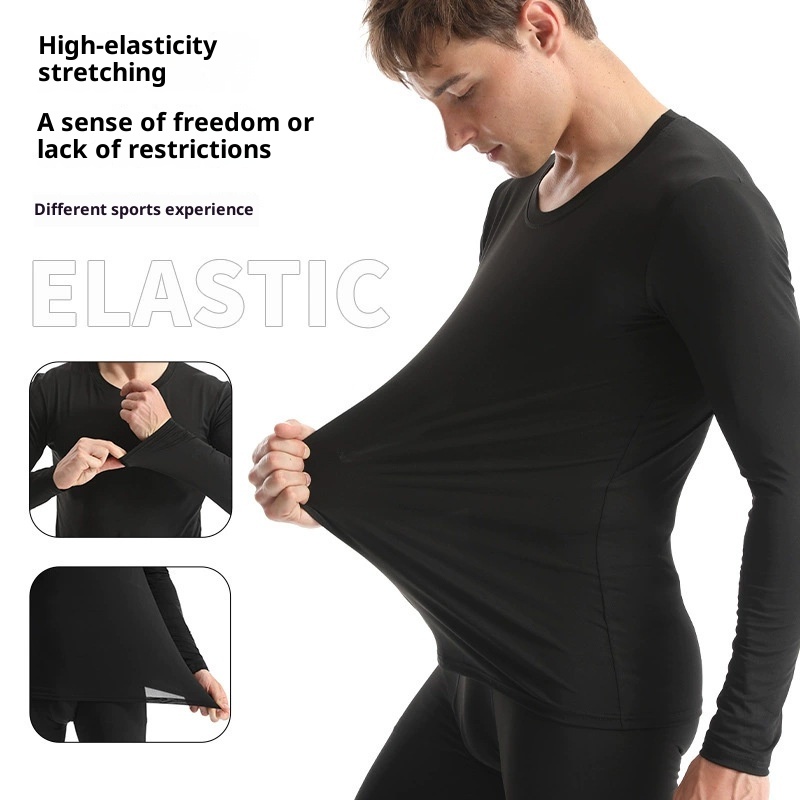 001 Fleece-Lined Thermal Underwear For Men, Round Neck Layer, Sports Outdoor Skiing Base Shirt, Fitness Quick-Dry Set_voghion.com