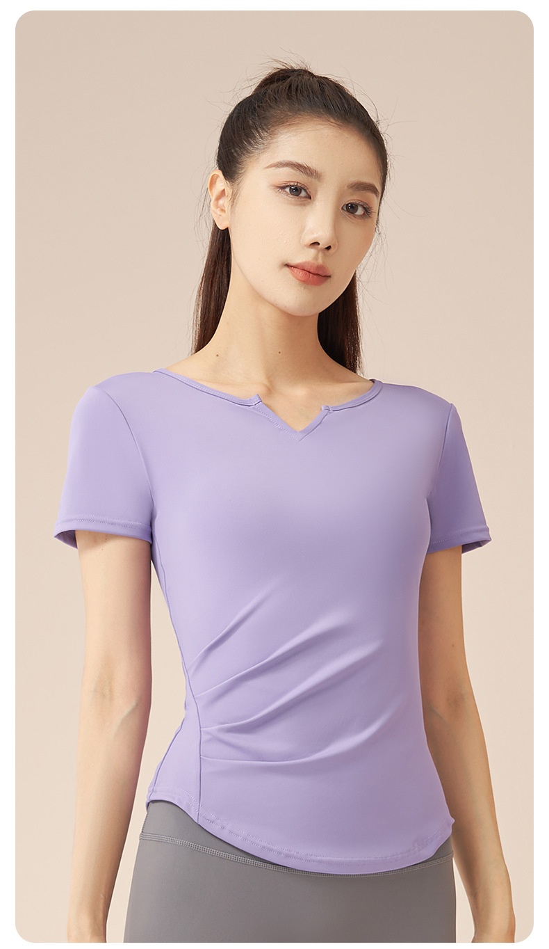 001 Juyitang Top sportivo da corsa da donna, con scollo a V, a maniche corte, ad asciugatura rapida, con arricciature, stile fitness, quasi invisibile_voghion.com