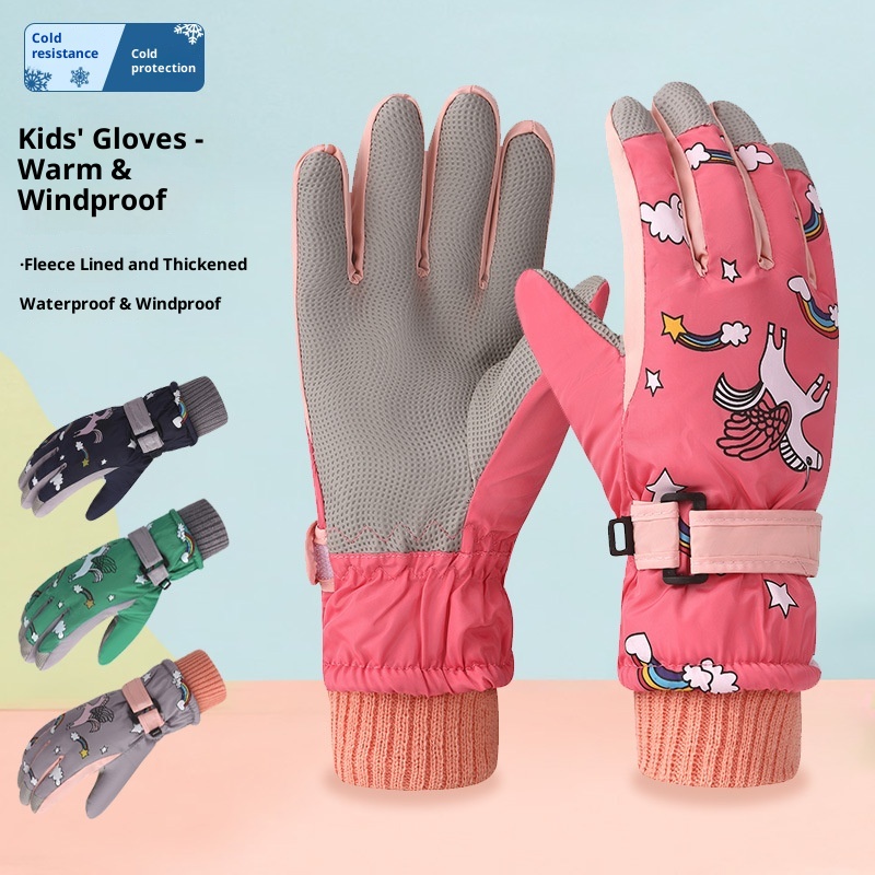 001 Kinder-Skihandschuhe, Winter, Fleece-gefüttert, dick, rutschfest, für Jungen und Mädchen, speziell für grenzüberschreitende Einsätze, wasserabweisend_voghion.com