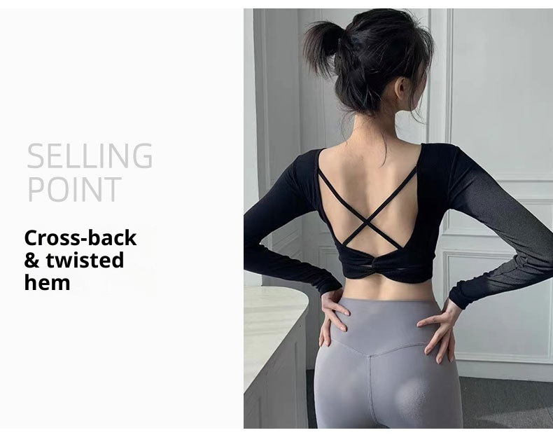 001 Maglia a maniche lunghe autunnale più venduta, imbottitura fissa sul petto, incrocio sulla schiena, abbigliamento sportivo e fitness ad alta elasticità_voghion.com