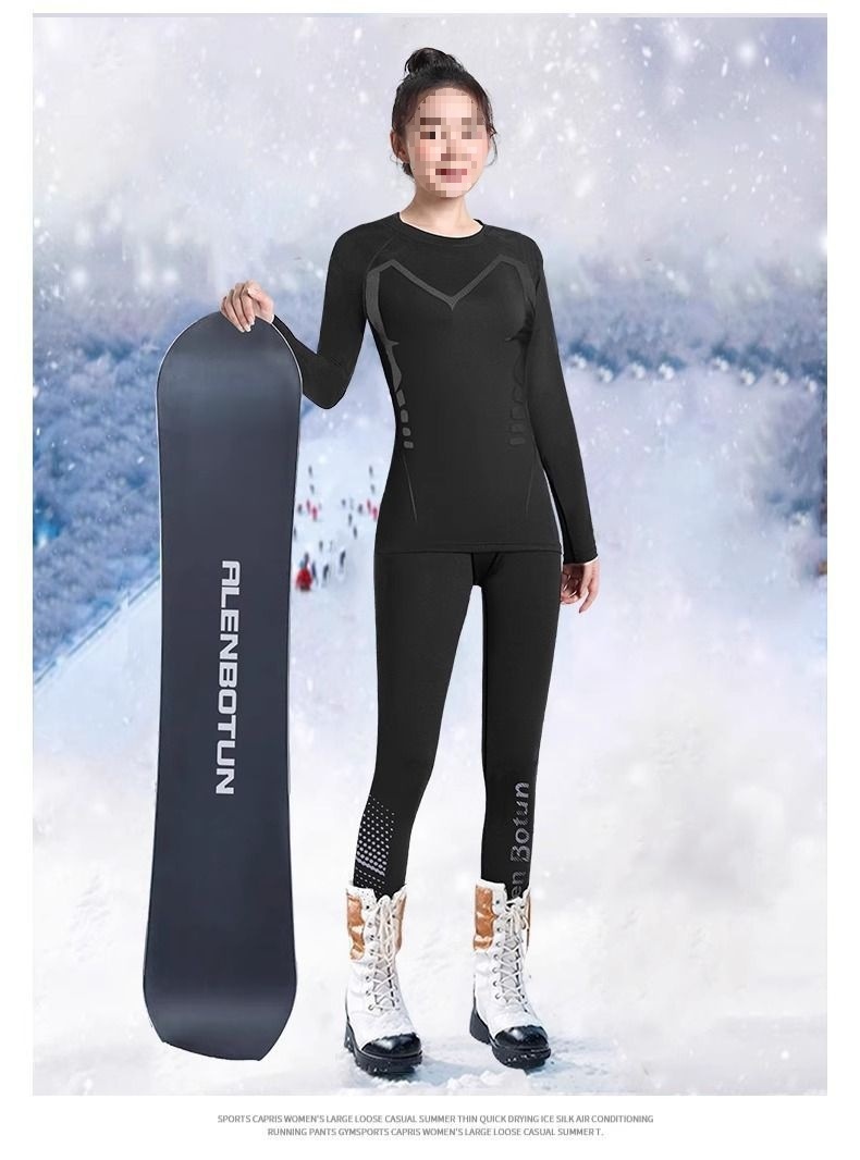 001 Quick-Dry Women's Ski Thermal Underwear Winter Fleece Outdoor Hiking Base Layer Long Sleeve Running Sports Set_voghion.com