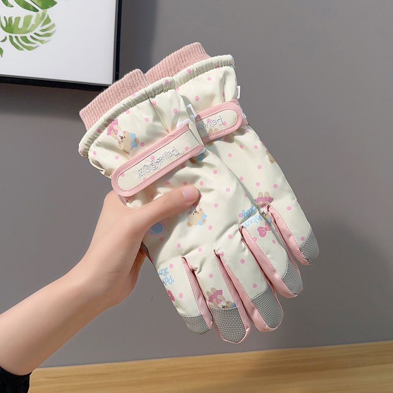 001 Niedliche Bären-Skihandschuhe für Damen, Winter, Baumwolle, warm, kältebeständig, wasserdicht, fleecegefüttert, verdickt, Touchscreen-kompatibel, Radfahren_voghion.com