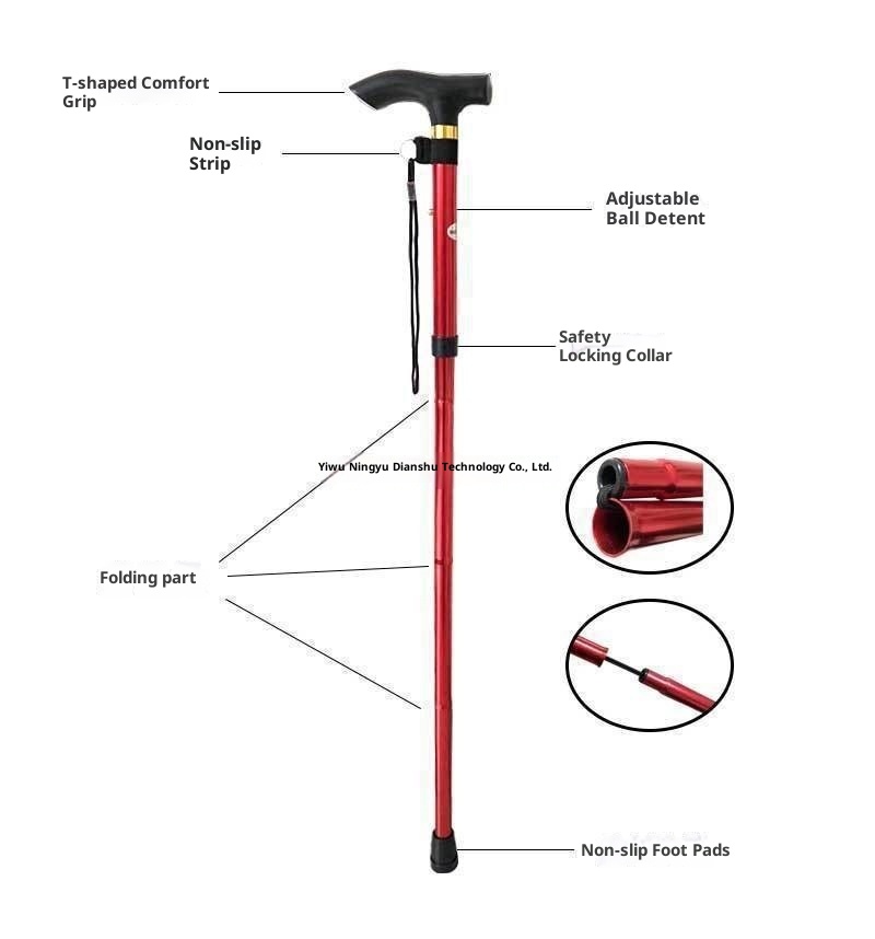 001 Wanderstock, fünfteilig, faltbar, ultrakurz, teleskopierbar, für Damen und Herren, Gummi, ohne Aufdruck_voghion.com