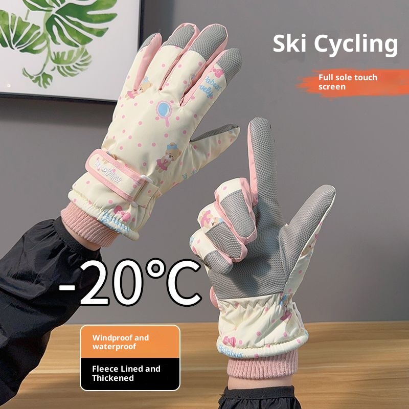 001 Niedliche Bären-Skihandschuhe für Damen, Winter, Baumwolle, warm, kältebeständig, wasserdicht, fleecegefüttert, verdickt, Touchscreen-kompatibel, Radfahren_voghion.com