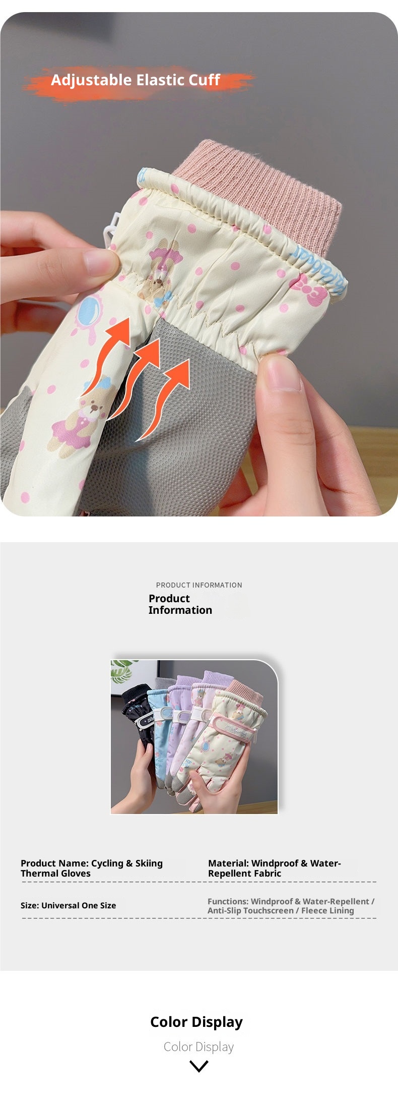 001 Niedliche Bären-Skihandschuhe für Damen, Winter, Baumwolle, warm, kältebeständig, wasserdicht, fleecegefüttert, verdickt, Touchscreen-kompatibel, Radfahren_voghion.com