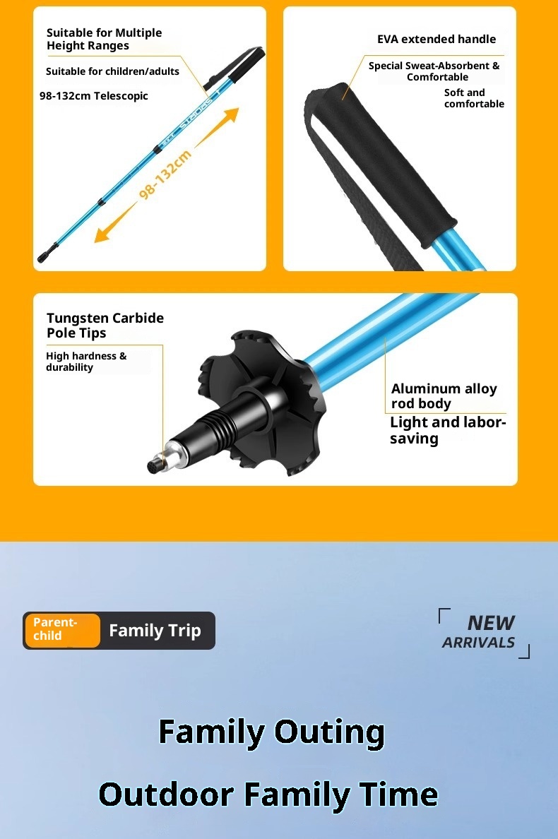 001 Aluminum Alloy Three-Section Straight Handle Trekking Pole Telescopic Walking Stick Professional Outdoor Hiking Cane_voghion.com