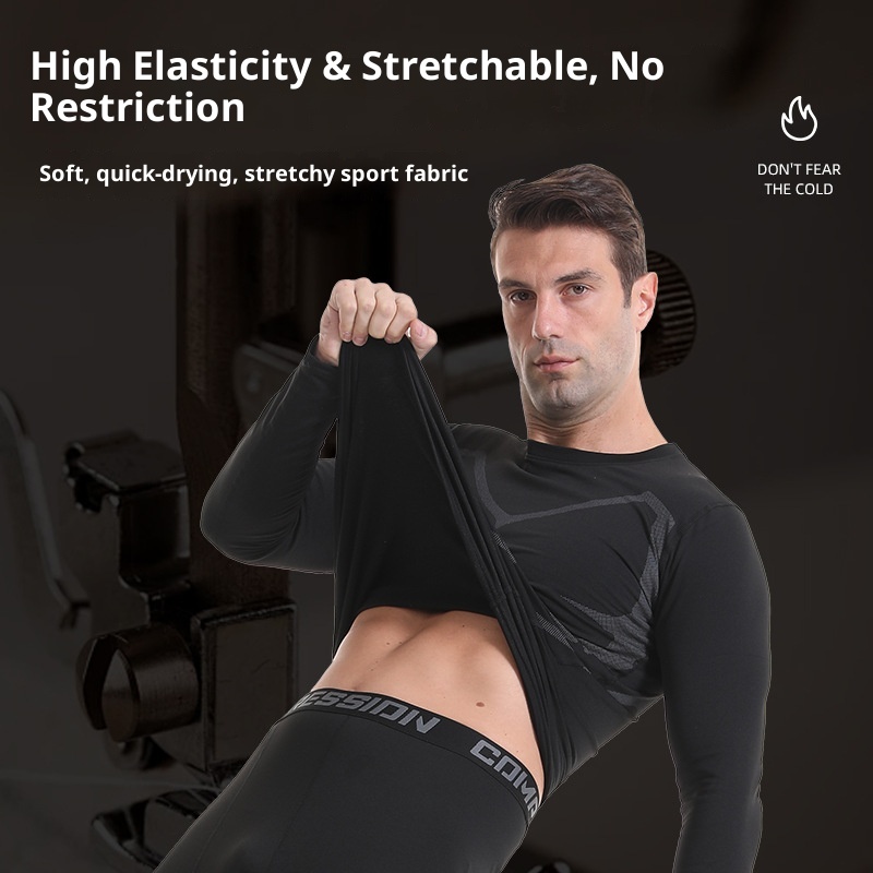 001 Fleece-Lined Thermal Underwear For Men, Round Neck Layer, Sports Outdoor Skiing Base Shirt, Fitness Quick-Dry Set_voghion.com