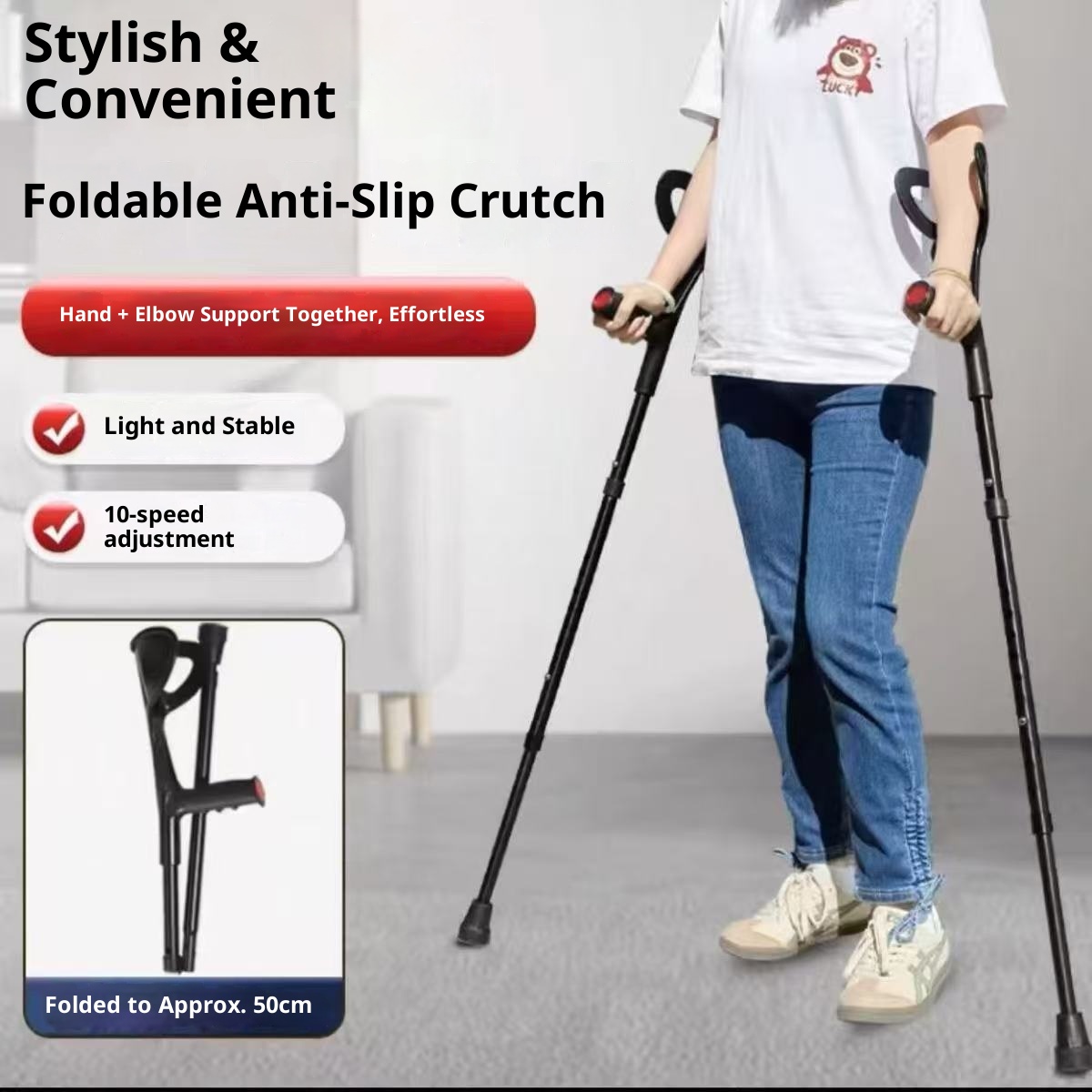 001 Dongfangwei tipo di braccio in lega di alluminio con cinghia per gomito per giovani stampelle pieghevoli antiscivolo doppie all'ingrosso in fabbrica_voghion.com