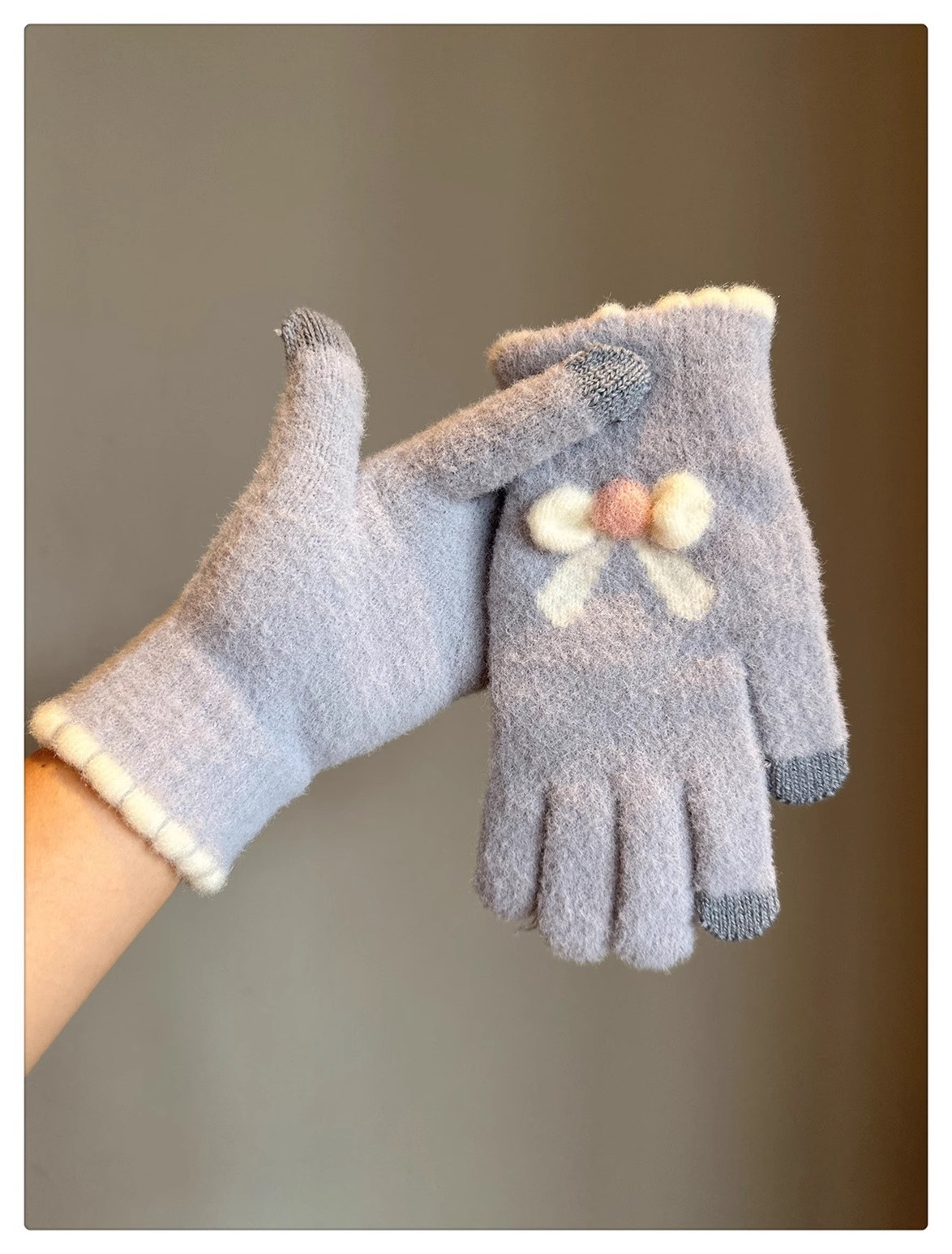 001 Frostschutz-Handschuhe für Damen, Winter, Fleece-gefüttert, warm, Touchscreen-fähig, fingerlos, Fahrradhandschuhe, gestrickt, Schleife, Plüsch, Seeblau_voghion.com