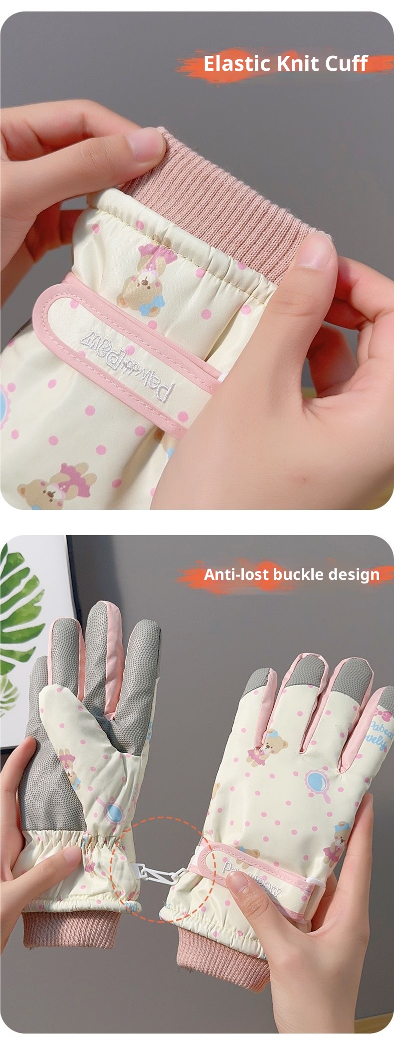 001 Niedliche Bären-Skihandschuhe für Damen, Winter, Baumwolle, warm, kältebeständig, wasserdicht, fleecegefüttert, verdickt, Touchscreen-kompatibel, Radfahren_voghion.com