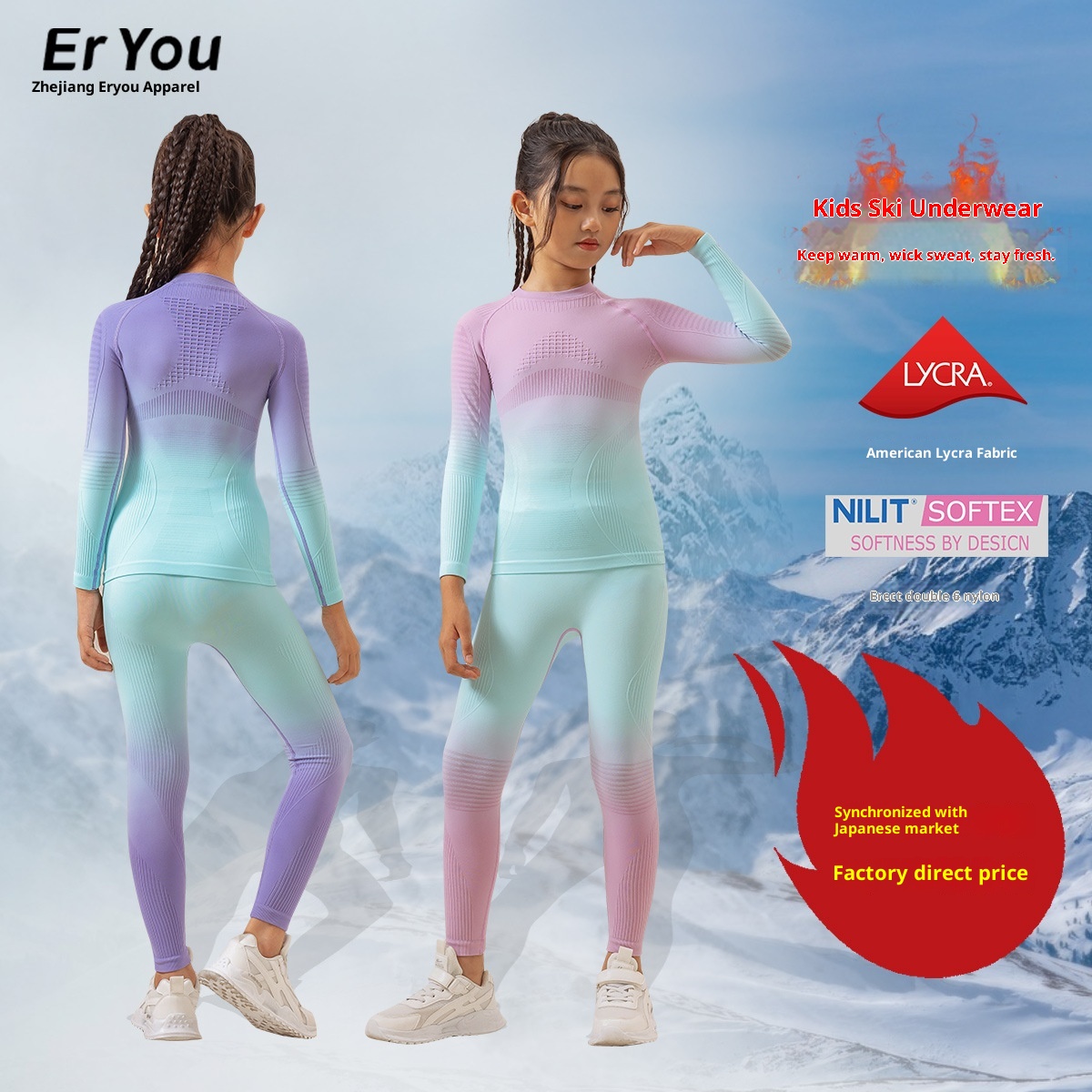 001 Maglia da sci funzionale a compressione monopezzo, elastica e ad asciugatura rapida per bambini, strato di base traspirante e caldo._voghion.com