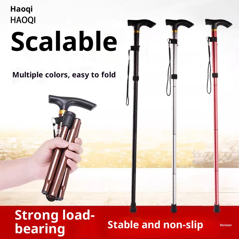 001 Bastone da passeggio per anziani, telescopico, pieghevole, portatile, da arrampicata, da trekking, antiscivolo, in lega di alluminio, con manico curvo_voghion.com