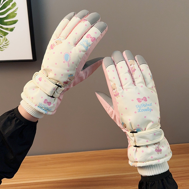 Gants de ski ActiveGo pour femmes, chauds et mignons, motif ours, coupe-vent, imperméables et résistants au froid, doublés en polaire épaisse, pour le cyclisme et les activités de plein air en extérieur. Motif ours mignon._voghion.com