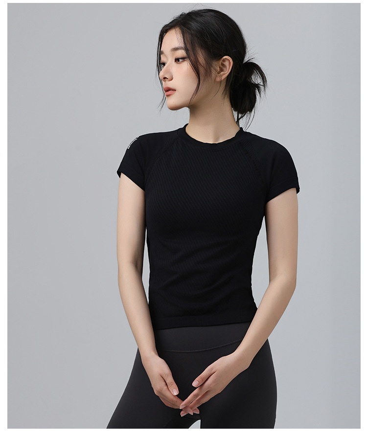 001 Maglietta sportiva da donna, attillata, dimagrante, a maniche corte, con scollo rotondo, traspirante, per corsa e pilates_voghion.com