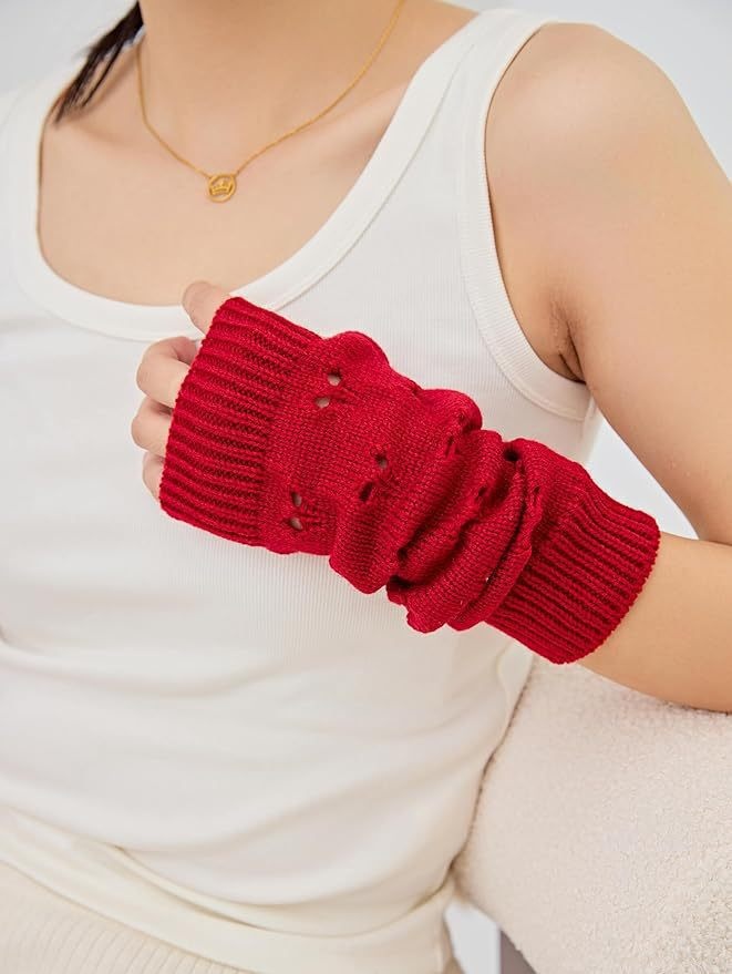 001 Heart-shaped Knitted Gloves Autumn Winter New Style Warm Arm Warmers Mid-length Ski Half-finger Wrist Guards Sleeves_voghion.com