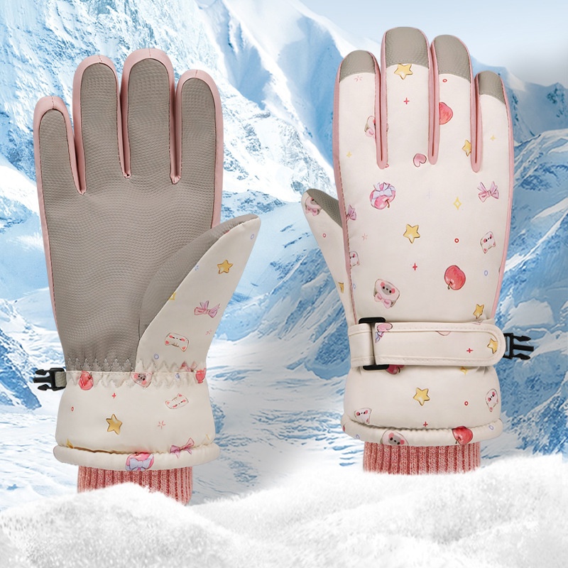 ActiveGo Cute Cat Ski Gloves For Women Winter Split Finger Outdoor Riding Windproof Waterproof Coldproof Fleece Lined Thickened_voghion.com