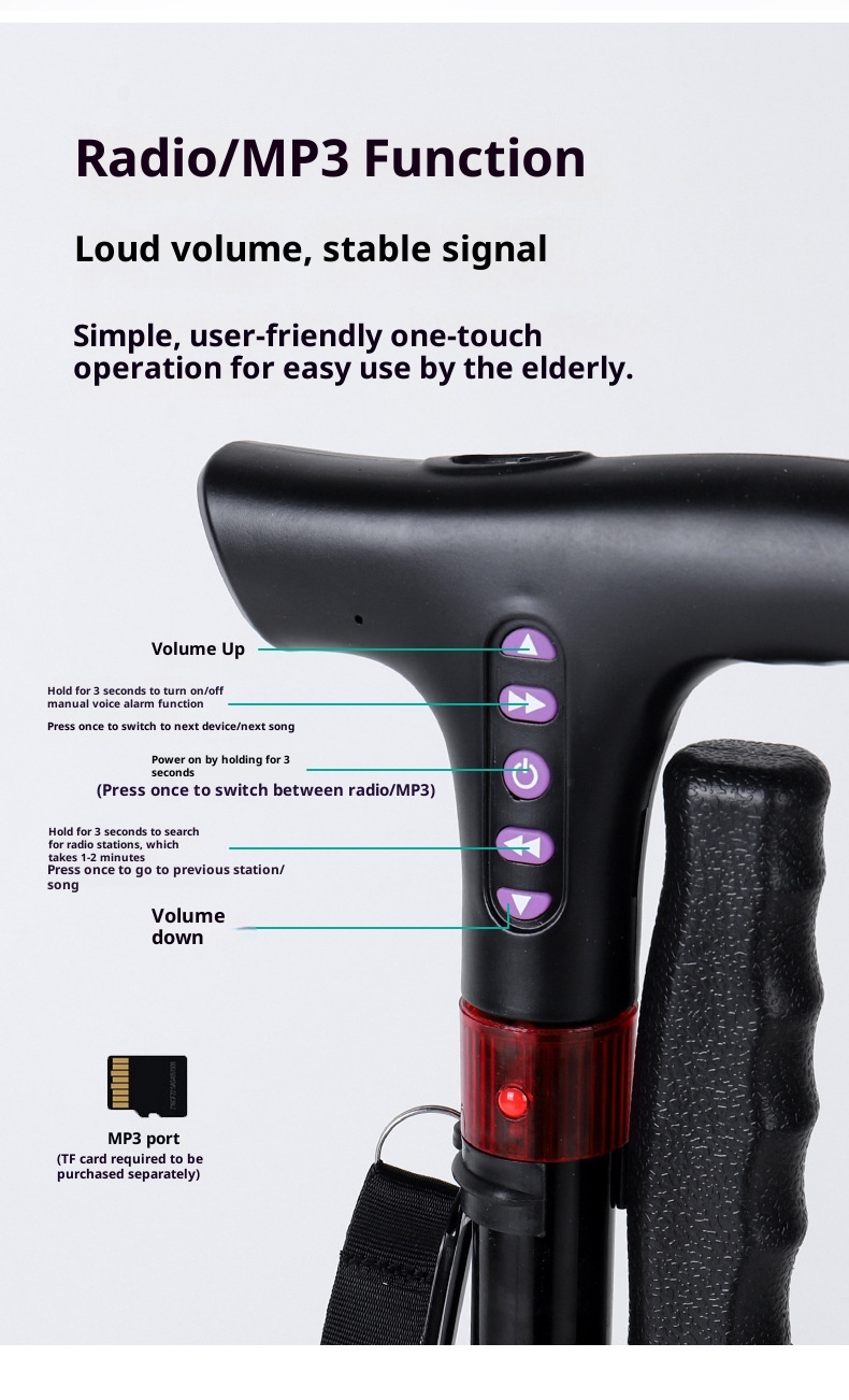 001 Multifunctional Smart Radio Elderly, Anti-Slip Telescopic Cane With Light, Aluminum Alloy Walking Stick For Seniors_voghion.com