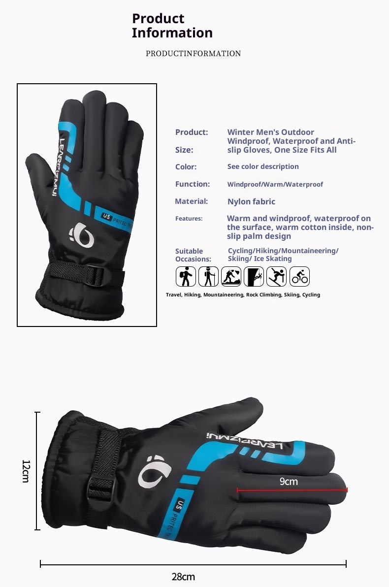 001 Winter Warm Men's Gloves For Cycling Skiing, Fleece-Lined, Thickened, Windproof, Non-Slip, Motorcycle, Electric Scooter,_voghion.com
