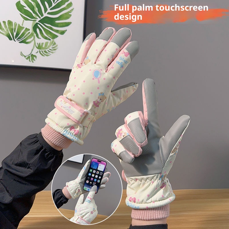 001 Niedliche Bären-Skihandschuhe für Damen, Winter, Baumwolle, warm, kältebeständig, wasserdicht, fleecegefüttert, verdickt, Touchscreen-kompatibel, Radfahren_voghion.com