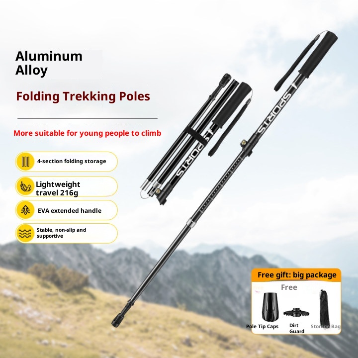 001 Aluminum Alloy Three-Section Straight Handle Trekking Pole Telescopic Walking Stick Professional Outdoor Hiking Cane_voghion.com