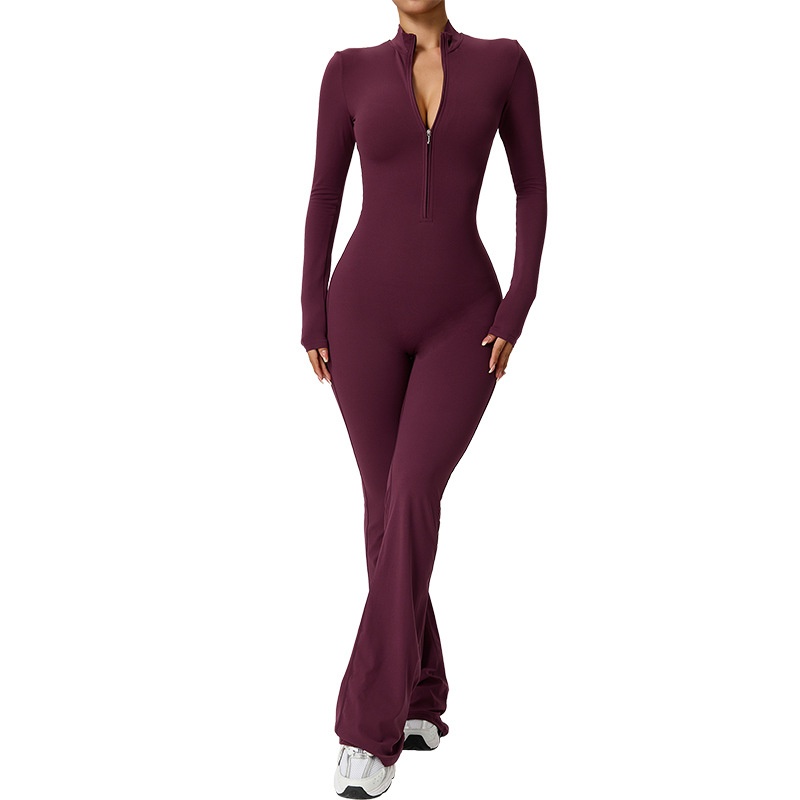 001 Cross-Border Zipper Cloud Feel Langarm-Yoga-Jumpsuit, hochintensiver Fitness-Sport-Einteiler, eng anliegend_voghion.com