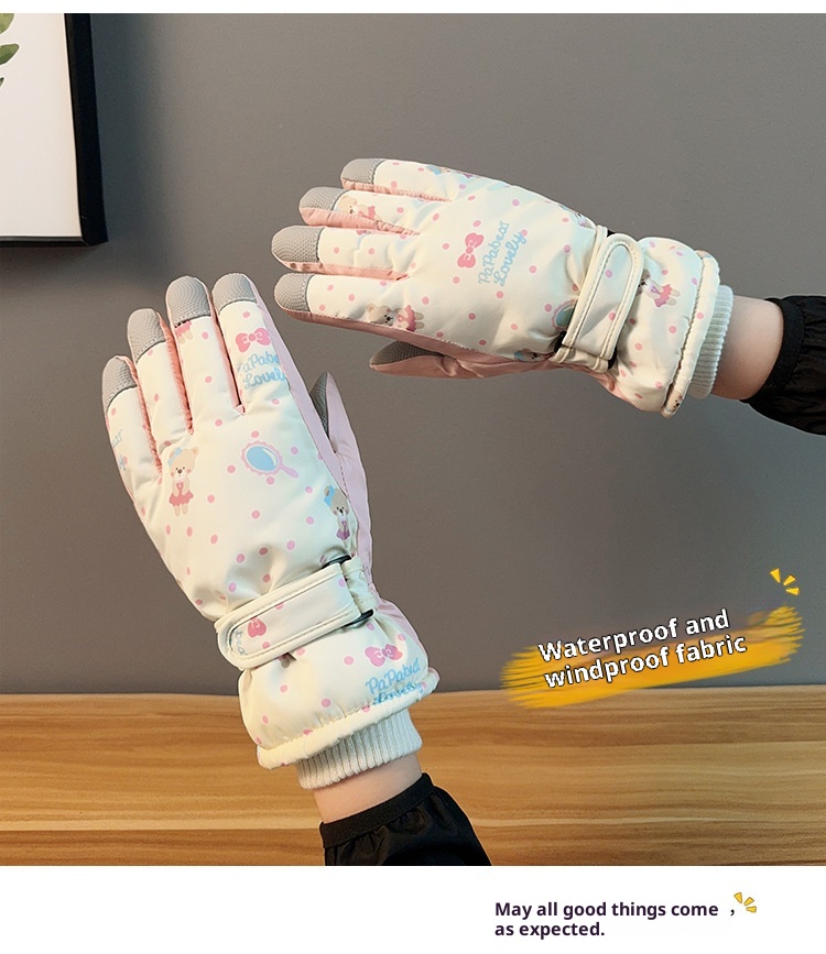 Gants de ski ActiveGo pour femmes, chauds et mignons, motif ours, coupe-vent, imperméables et résistants au froid, doublés en polaire épaisse, pour le cyclisme et les activités de plein air en extérieur. Motif ours mignon._voghion.com