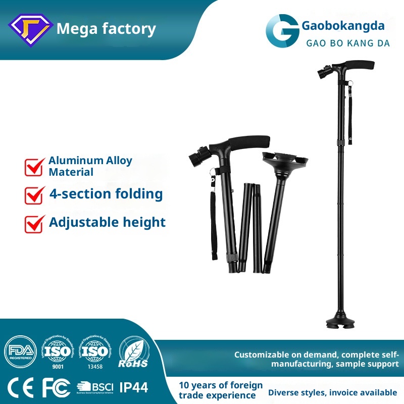 001 Bastone da passeggio pieghevole in lega di alluminio con luce per anziani, robusto bastone da passeggio a quattro angoli,_voghion.com