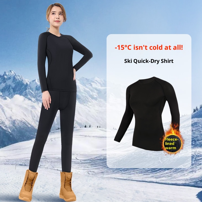 001 Intimo termico da sci da donna ad asciugatura rapida, set sportivo invernale da corsa, top a maniche lunghe con fodera in pile per escursionismo_voghion.com