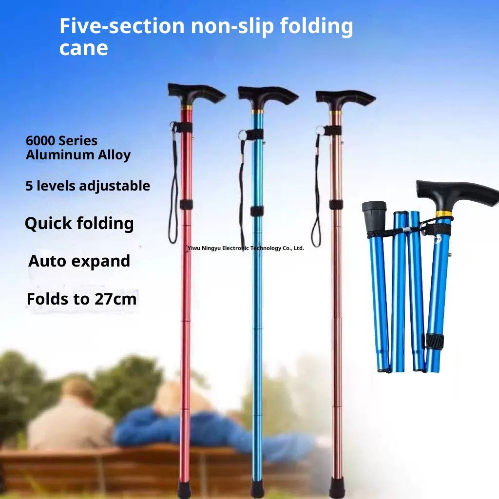 001 Wanderstock, fünfteilig, faltbar, ultrakurz, teleskopierbar, für Damen und Herren, Gummi, ohne Aufdruck_voghion.com