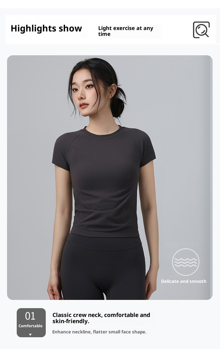 001 Maglietta sportiva da donna, attillata, dimagrante, a maniche corte, con scollo rotondo, traspirante, per corsa e pilates_voghion.com