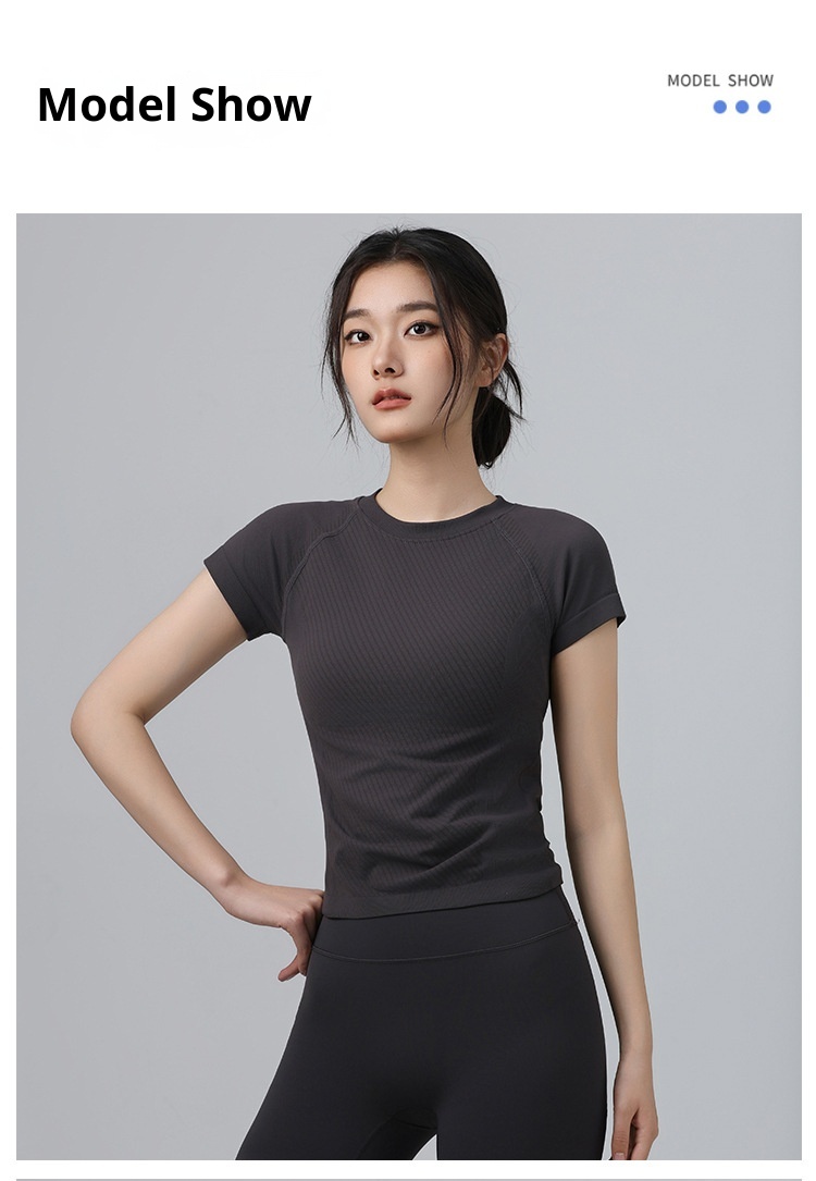 001 Maglietta sportiva da donna, attillata, dimagrante, a maniche corte, con scollo rotondo, traspirante, per corsa e pilates_voghion.com