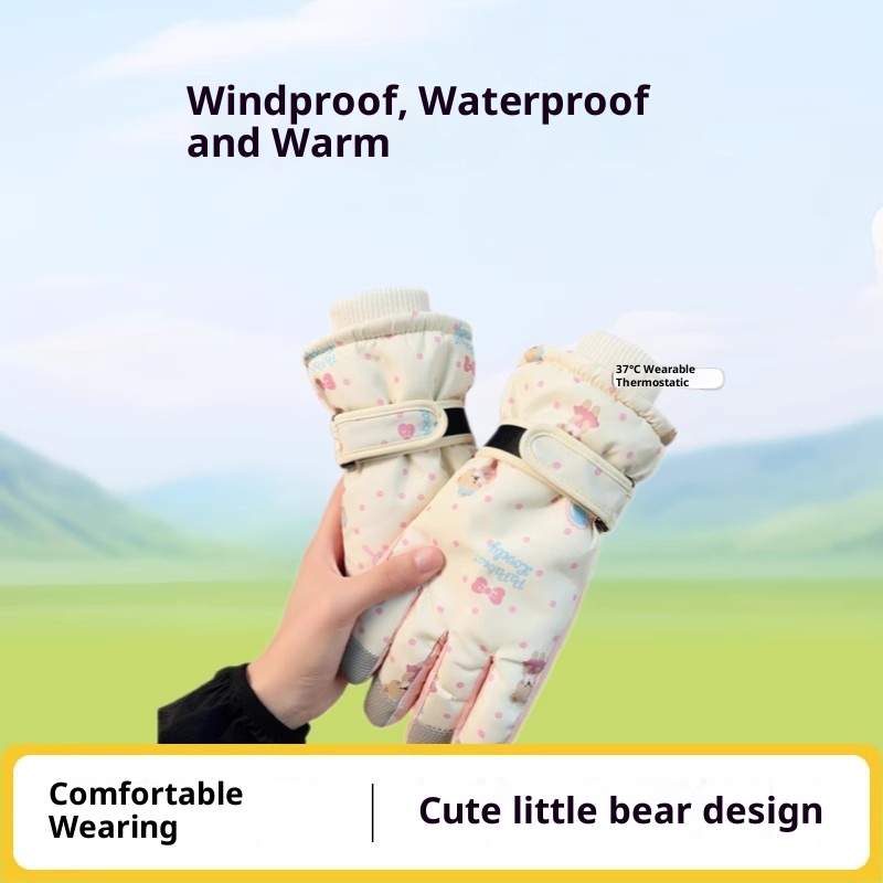 Gants de ski ActiveGo pour femmes, chauds et mignons, motif ours, coupe-vent, imperméables et résistants au froid, doublés en polaire épaisse, pour le cyclisme et les activités de plein air en extérieur. Motif ours mignon._voghion.com