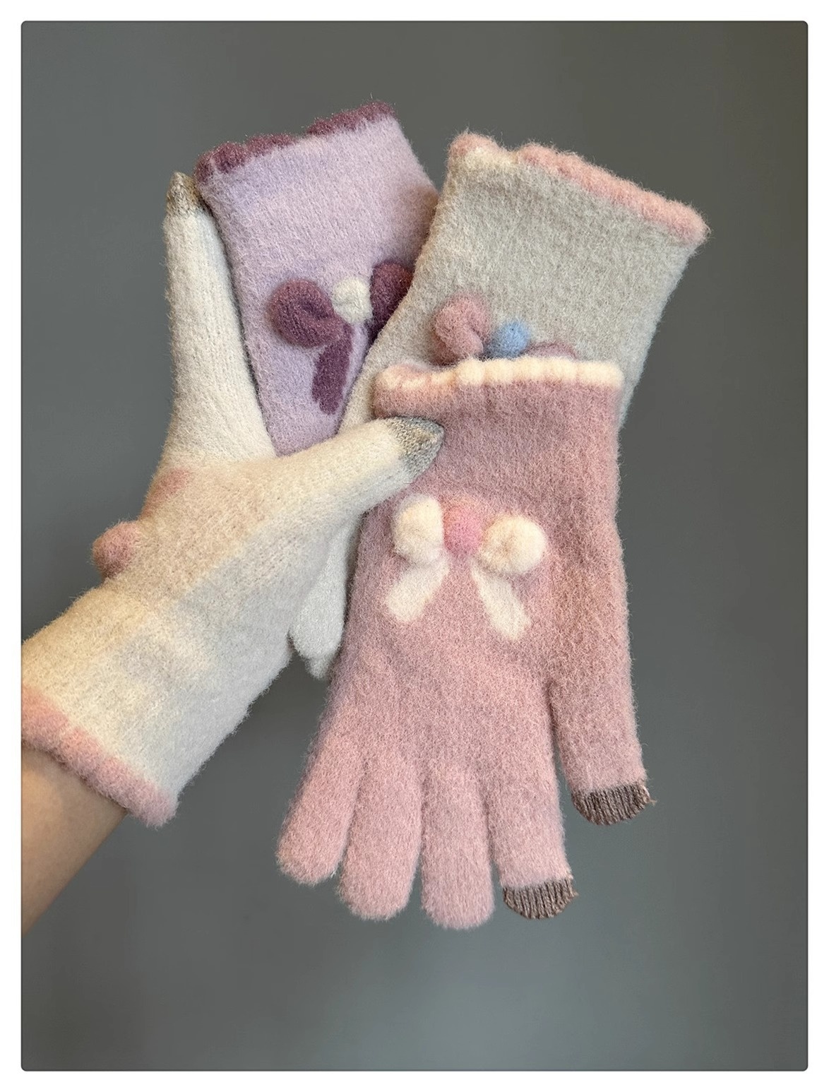 001 Frostschutz-Handschuhe für Damen, Winter, Fleece-gefüttert, warm, Touchscreen-fähig, fingerlos, Fahrradhandschuhe, gestrickt, Schleife, Plüsch, Seeblau_voghion.com