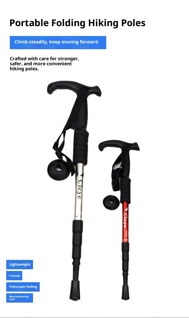 001 Bastone da passeggio per escursioni all'aperto e viaggi, personalizzato, in lega di alluminio leggera, con impugnatura a T, ammortizzante, a quattro sezioni_voghion.com