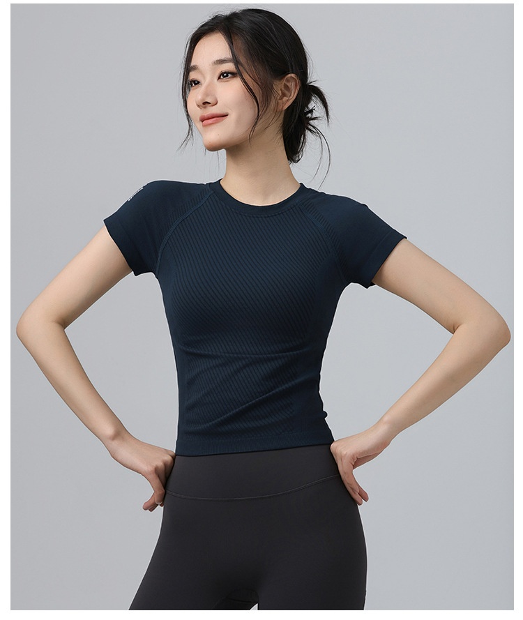 001 Maglietta sportiva da donna, attillata, dimagrante, a maniche corte, con scollo rotondo, traspirante, per corsa e pilates_voghion.com