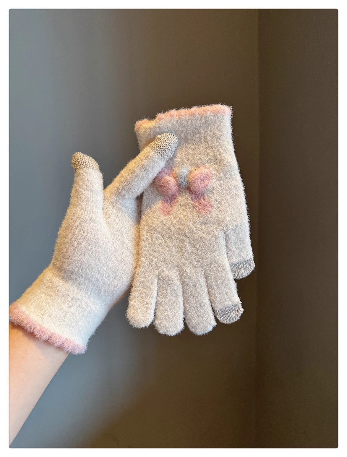001 Frostschutz-Handschuhe für Damen, Winter, Fleece-gefüttert, warm, Touchscreen-fähig, fingerlos, Fahrradhandschuhe, gestrickt, Schleife, Plüsch, Seeblau_voghion.com