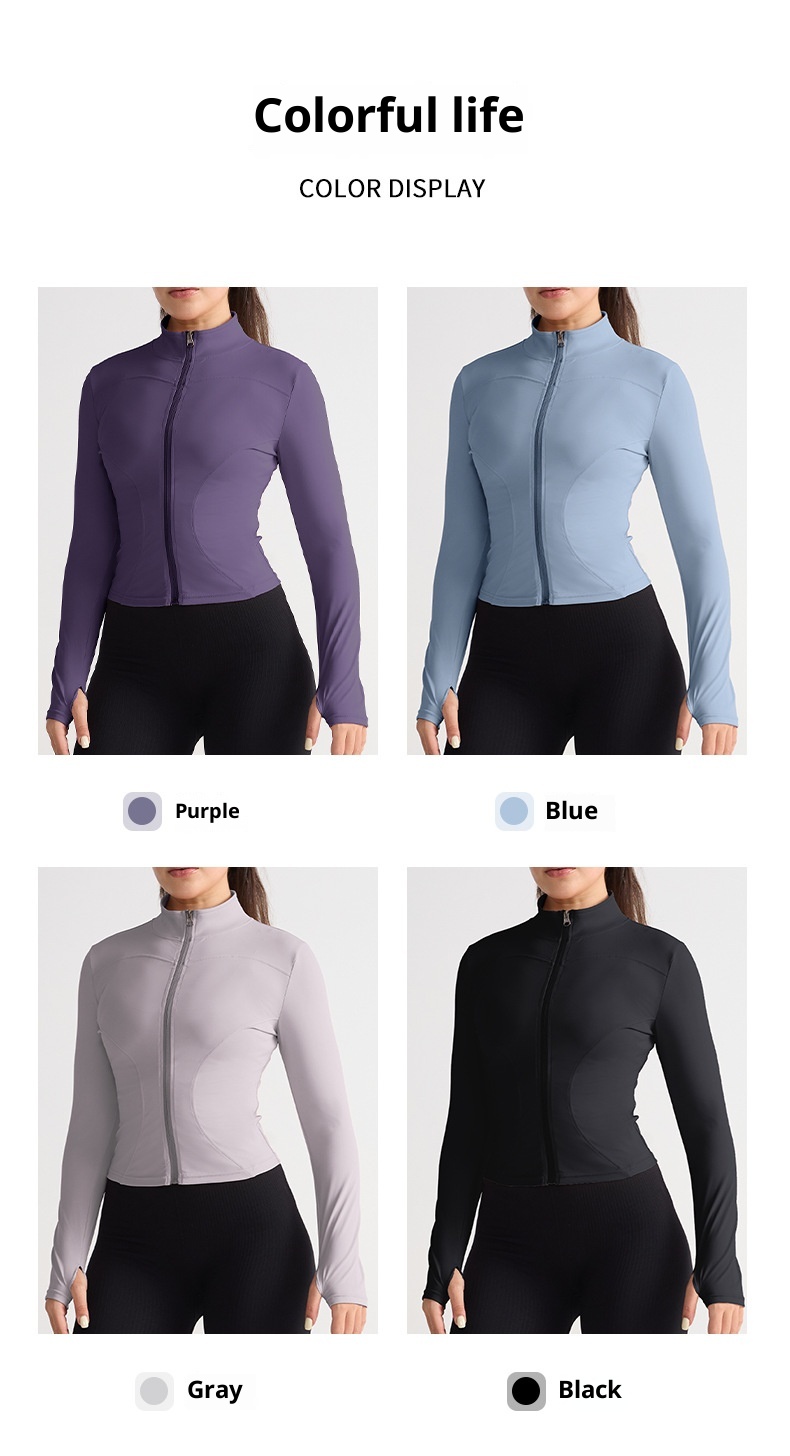 001 Giacca elasticizzata alta Abbigliamento fitness Top Autunno Inverno Collo alto Cerniera Abbigliamento sportivo Corsa Slim Fit Manica lunga Yoga_voghion.com